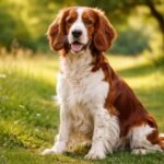 Energikus Welsh springer spániel a zöld fűben ülve