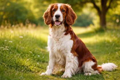 Energikus Welsh springer spániel a zöld fűben ülve