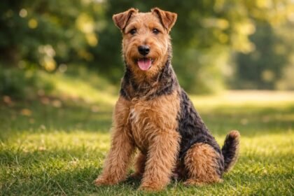 Egy Welsh terrier ül egy zöld füvön, barátságos és élénk arckifejezéssel.