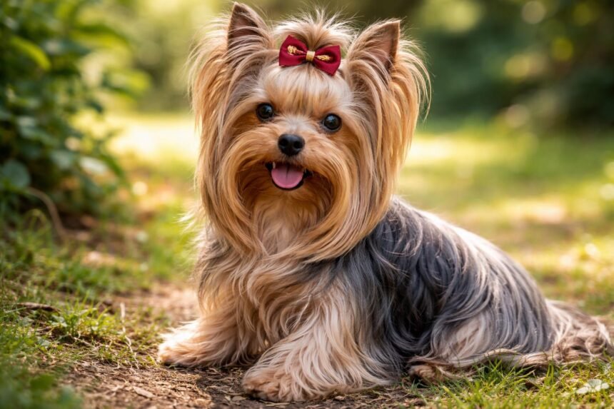 Yorkshire terrier szép arcképe a természetben