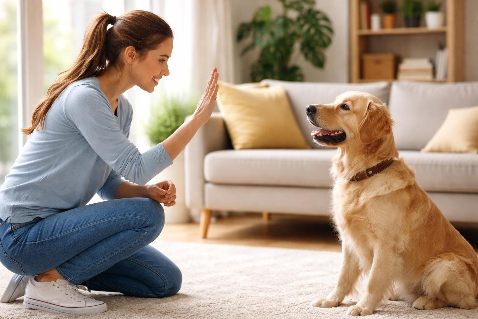 Nő tanítja kutyáját a várj és maradj vezényszavakra otthon