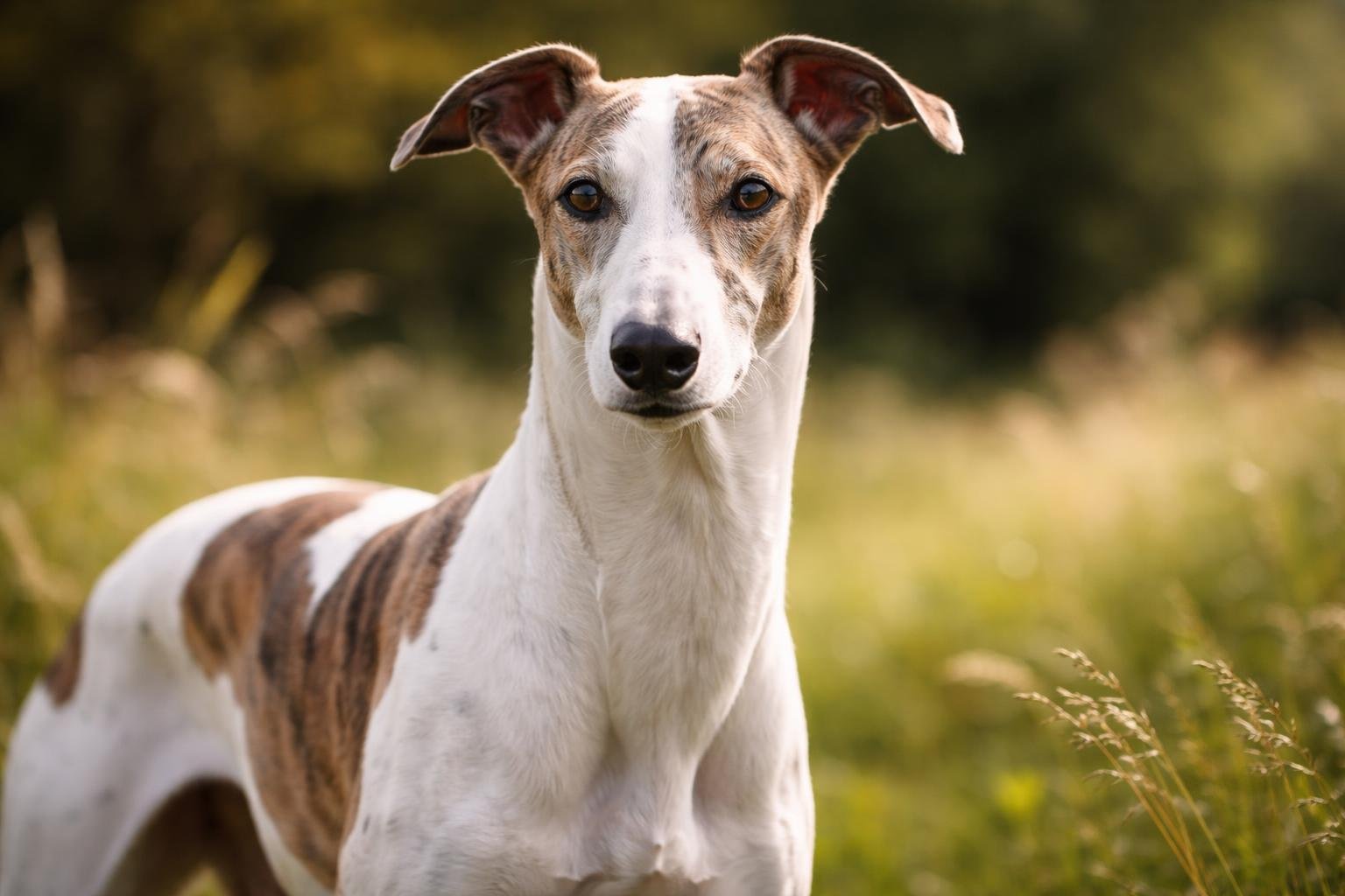 Karcsú magyar agár fut egy zöld mezőn világos napsütésben