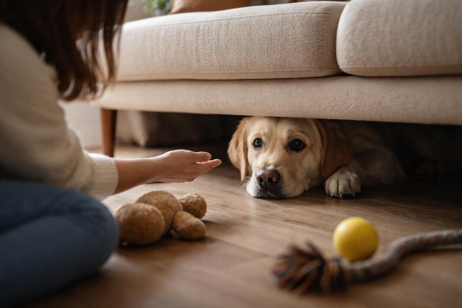 Kutyája bújik el a kanapé alatt, nyugtató jelekre várva.