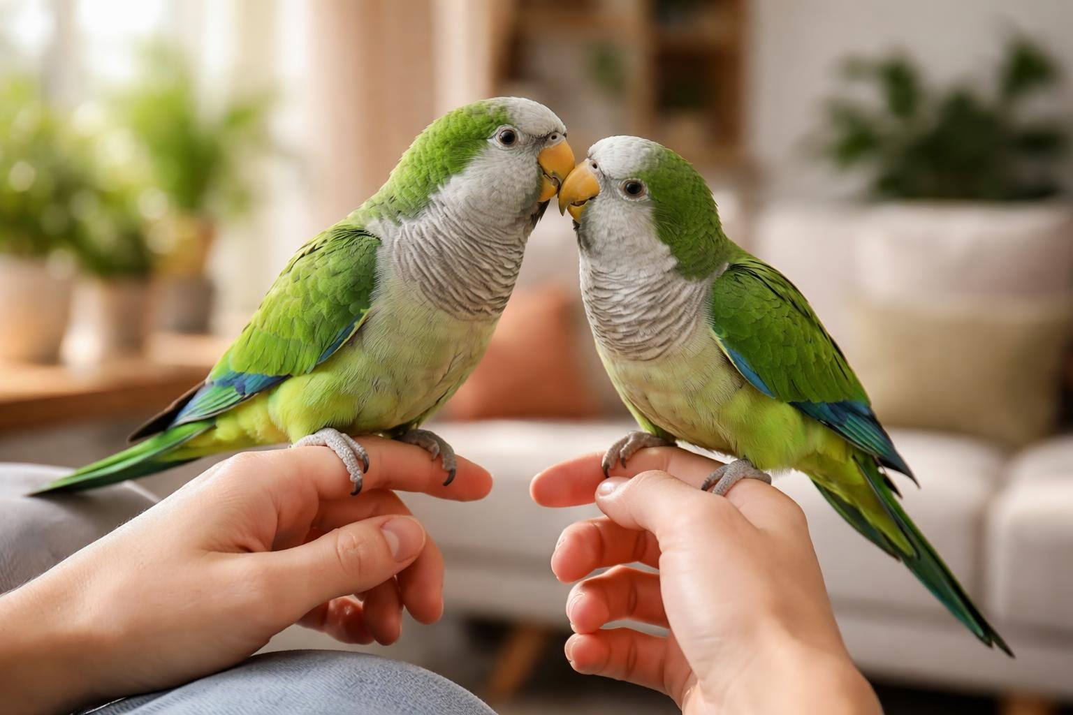 Két barátpapagáj, játékos és szocializált állapotban, gazdáik kezén