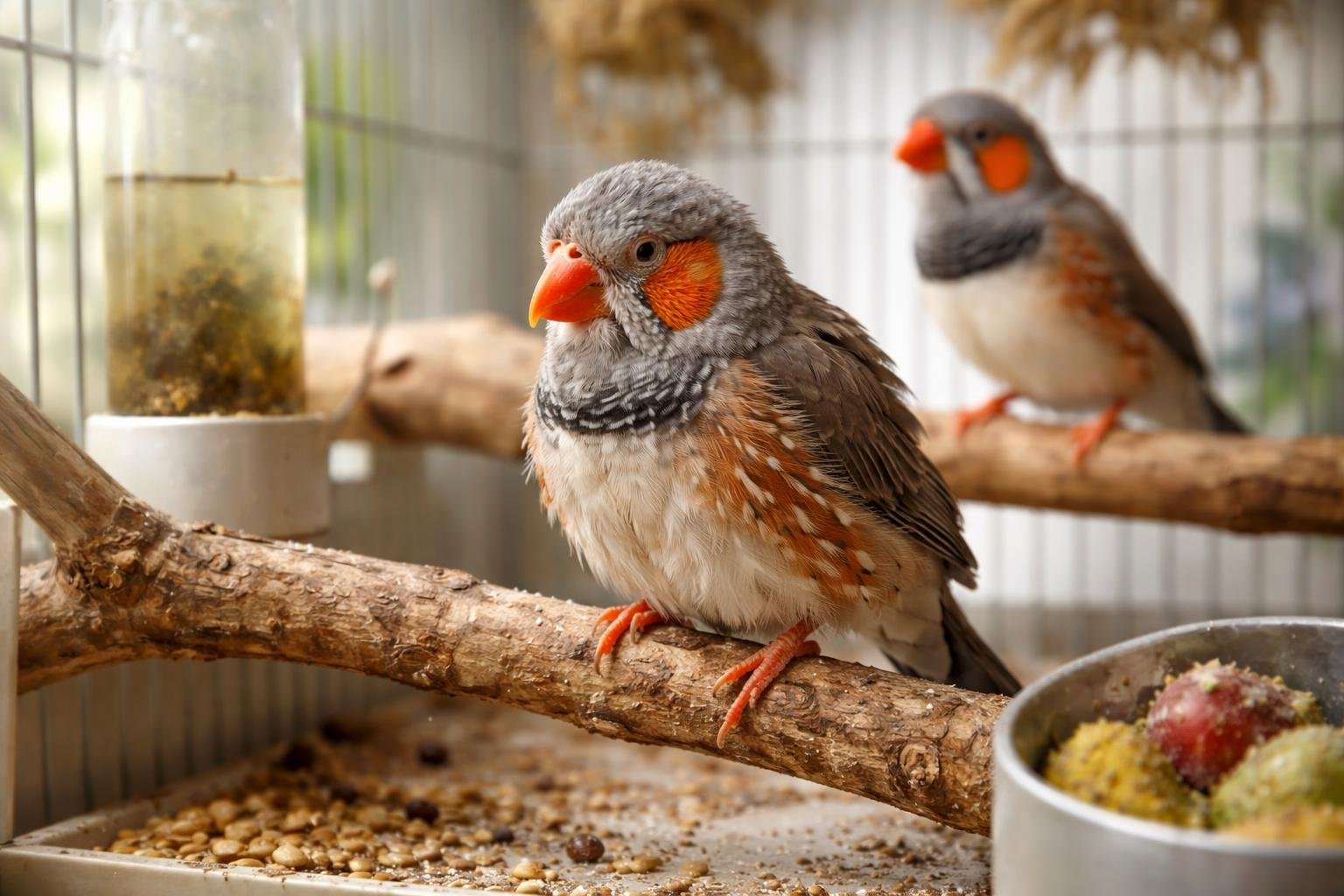 Diamant pinty madarak egy volierben, egészséges tartás