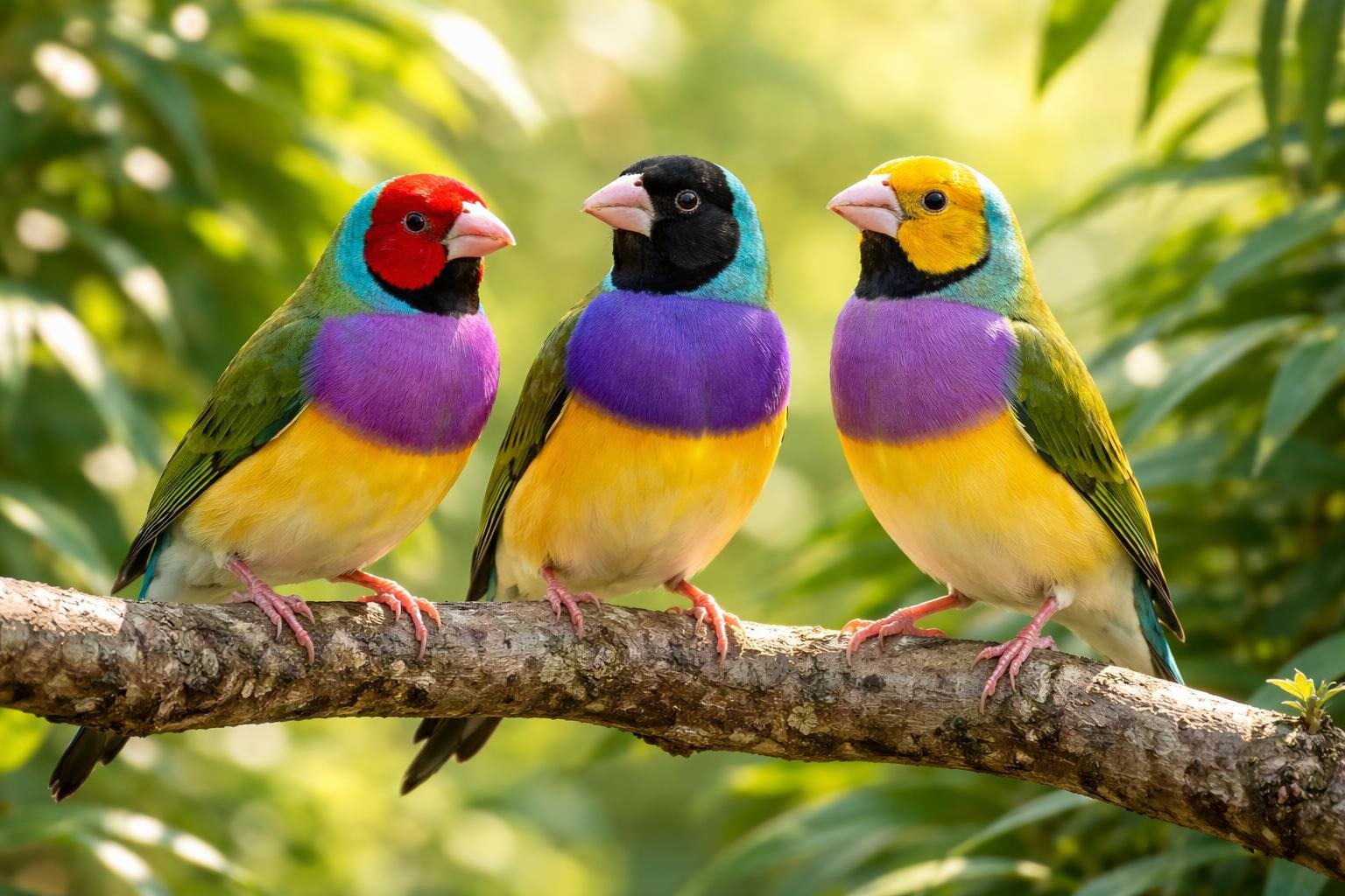 Három színes Gould-amandina madár egy ágon ülve.