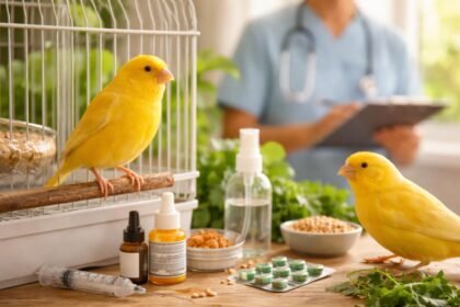 Két sárga kanári a madárgondozáshoz szükséges eszközök mellett