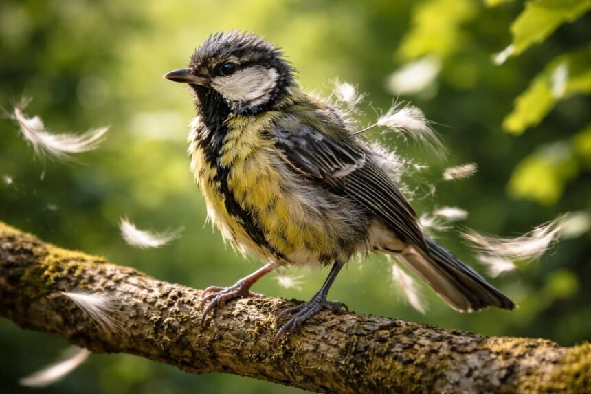 Díszmadár vedlés közben, hulló tollak a kalitka alján