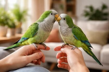 Két barátpapagáj, játékos és szocializált állapotban, gazdáik kezén