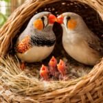 Diamant pinty párzása fészekben kis fiókákkal