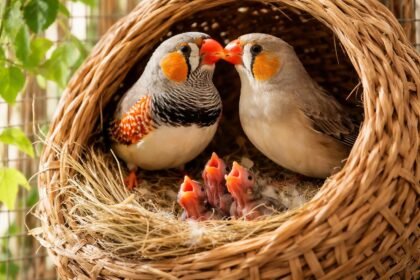 Diamant pinty párzása fészekben kis fiókákkal