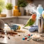 Díszmadár egy veszélyes otthoni tárgy mellett figyelmesen néz