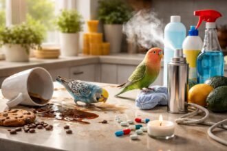 Díszmadár egy veszélyes otthoni tárgy mellett figyelmesen néz