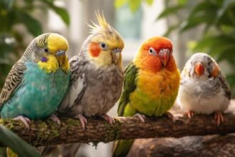 Díszmadár egy röpdében, színes tollaival és éber tekintettel