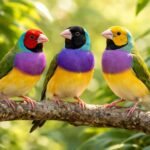Három színes Gould-amandina madár egy ágon ülve.