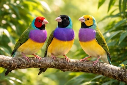 Három színes Gould-amandina madár egy ágon ülve.