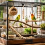 Díszmadár kalitka zöld és sárga papagájokkal