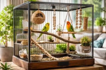 Díszmadár kalitka zöld és sárga papagájokkal