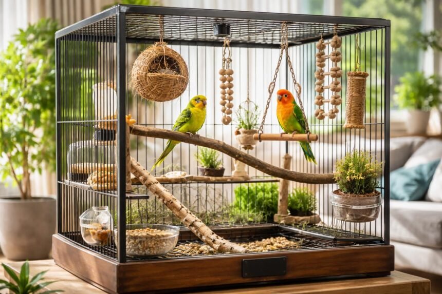 Díszmadár kalitka zöld és sárga papagájokkal