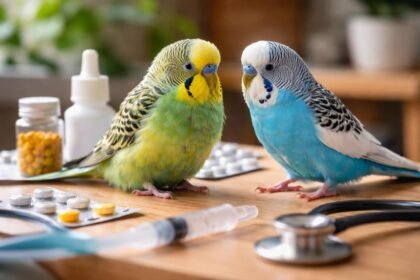 Hullámos papagájok állatorvosi vizsgálaton gyógyszerekkel.