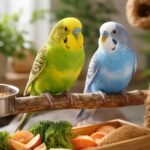 Két hullámos papagáj egy ágon, friss ételek mellett.