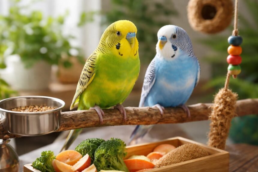 Két hullámos papagáj egy ágon, friss ételek mellett.