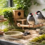 Két japán sirályka pihen egy kötélen kalitkában, zöld környezetben.