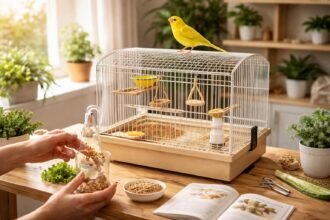 Kanári madár kalitkával és táplálék, háziállat nevelés