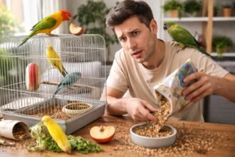 Kezdő madártartó madaraival és etető táljával, figyelnél kellene a hibákra.