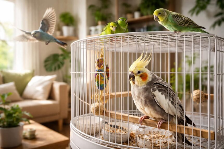 Díszmadarak egy otthoni ketrecben, stresszhelyzetre utaló jelekkel.