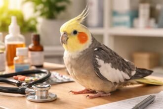 Nimfa papagáj állatorvos rendelőben, egészségi állapot ellenőrzése