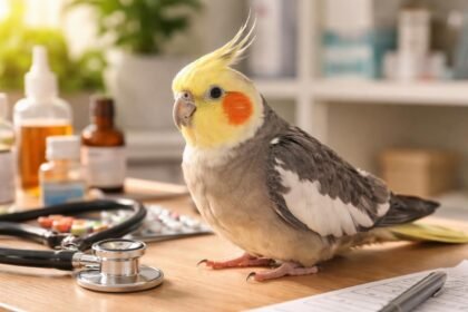 Nimfa papagáj állatorvos rendelőben, egészségi állapot ellenőrzése