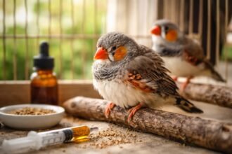 Zebrapintyek egy madárketrecben, állatorvosi eszközökkel