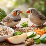 Zebrapinty eszik magvakat és friss zöldségeket kalitkában