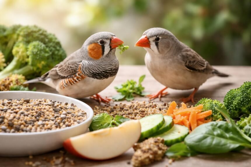 Zebrapinty etetése – mit ehet és mit tilos? Zebrapinty eszik magvakat és friss zöldségeket kalitkában