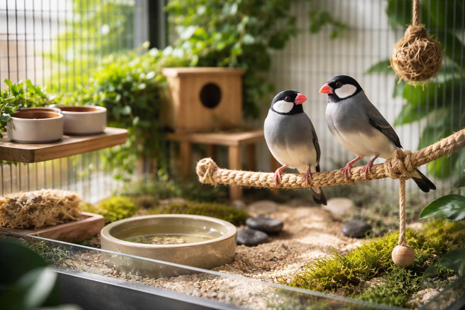 Két japán sirályka pihen egy kötélen kalitkában, zöld környezetben.