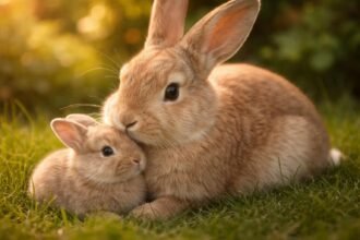 Fiatal házi nyúl zöld réten ül nyári napsütésben