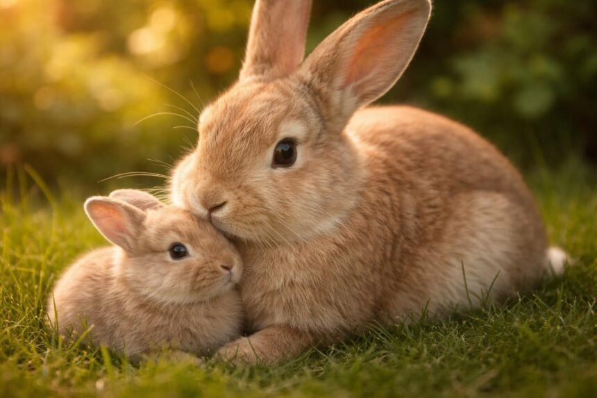 Fiatal házi nyúl zöld réten ül nyári napsütésben