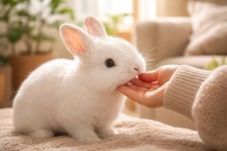 Nyúl nyalogatja a gazdi kezét szeretettel és bizalommal