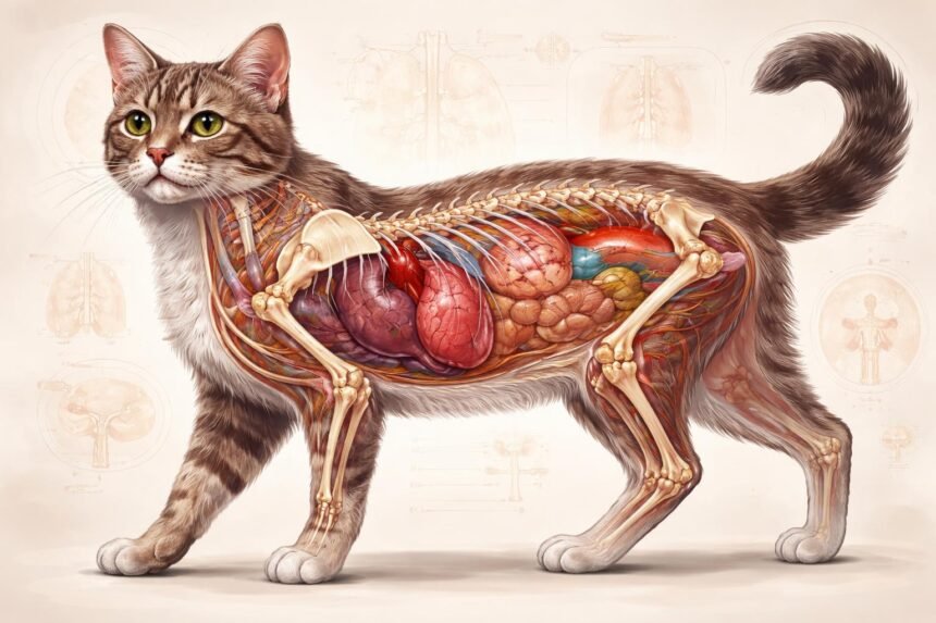 Kecses macska oldalnézete, finom részletekkel, gyermekekhez szelíd mozdulatokkal