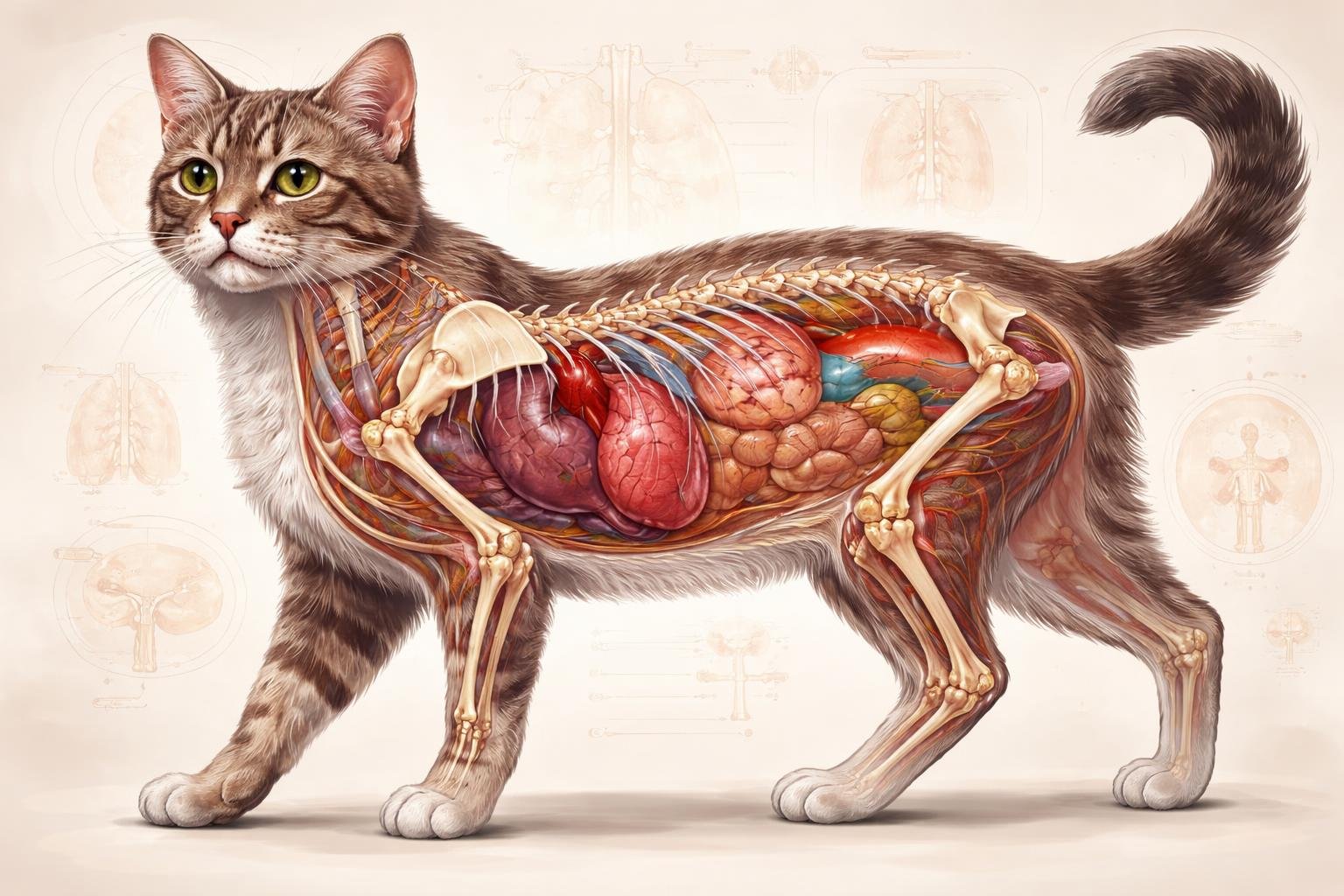 Kecses macska oldalnézete, finom részletekkel, gyermekekhez szelíd mozdulatokkal