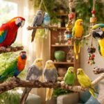 Beszélő és játékos tollas madarak színes környezetben