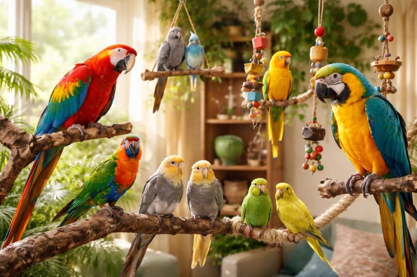 Beszélő és játékos tollas madarak színes környezetben