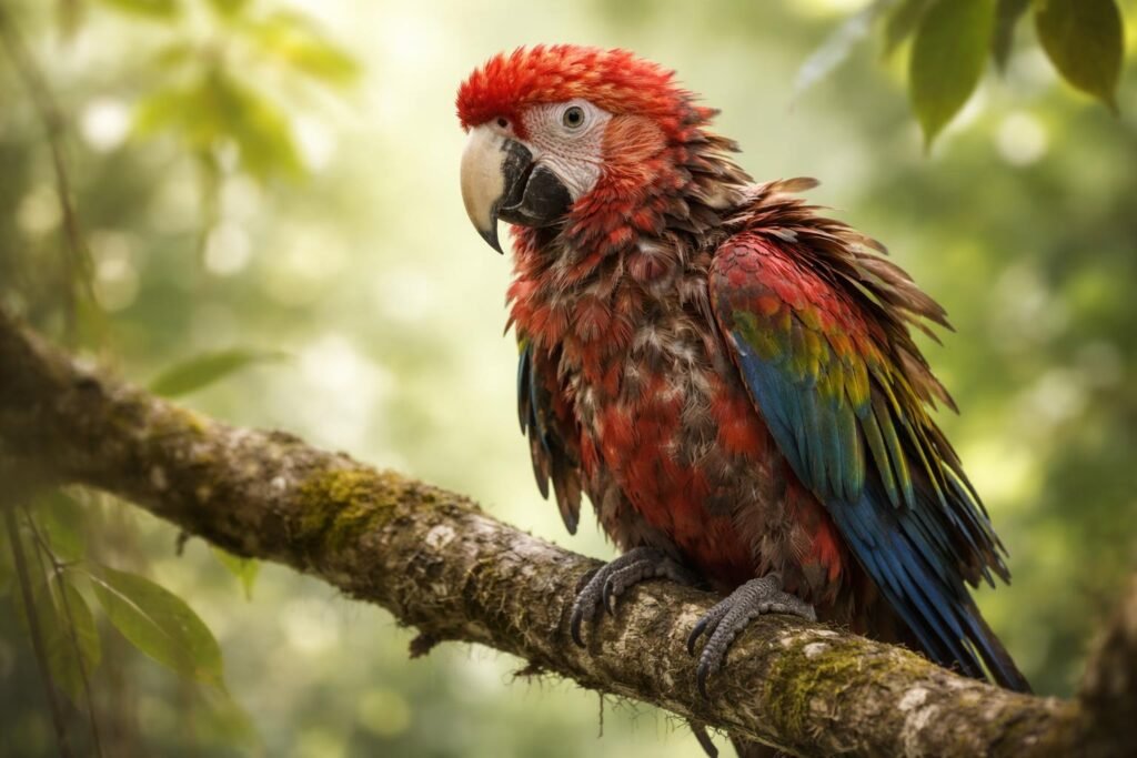 Díszmadár vedlés közben, egészséges tollazattal és tiszta környezettel