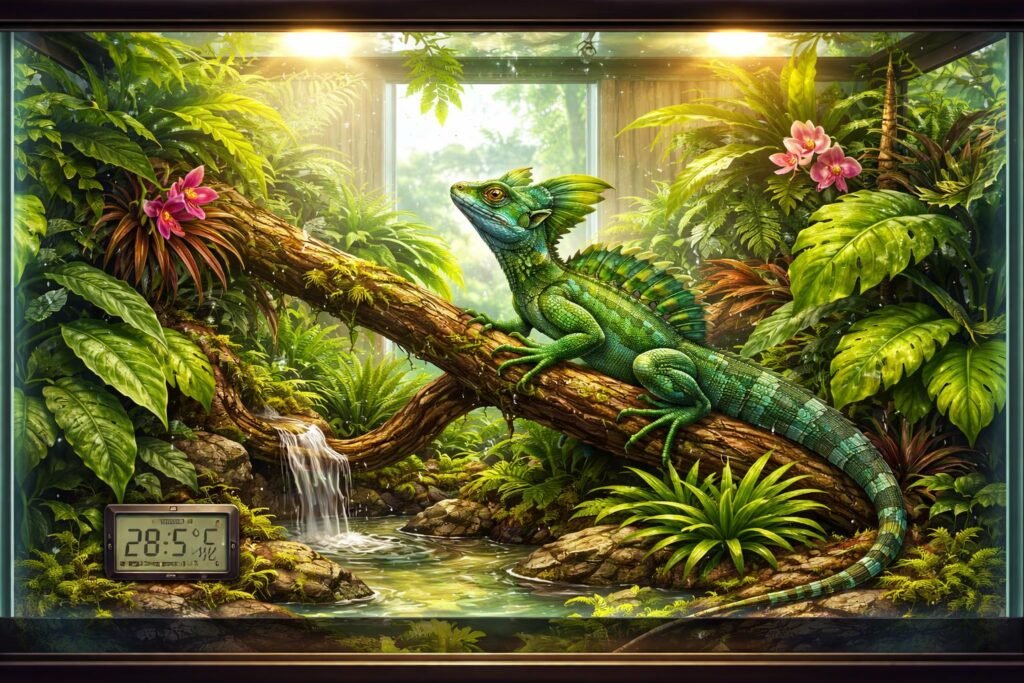 Sisakos baziliszkusz tartható otthon? Sisakos baziliszkusz terráriumban, megfelelő hőmérséklet és páratartalom mellett
