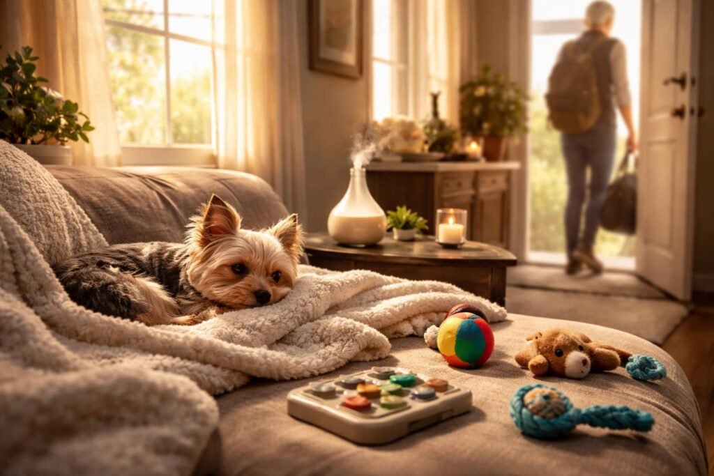 Mennyi figyelmet igényel egy Yorki? Yorkshire terrier kutya gazdájával a parkban, figyelmesen néz