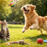 Kutyák és macskák apportírozás közben játszanak egymással a parkban