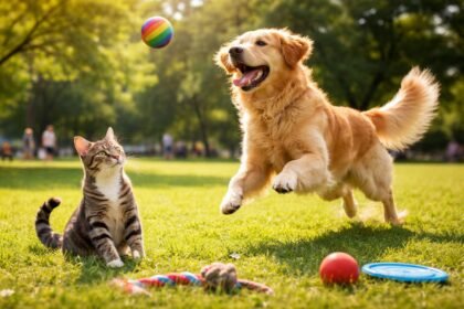 Kutyák és macskák apportírozás közben játszanak egymással a parkban