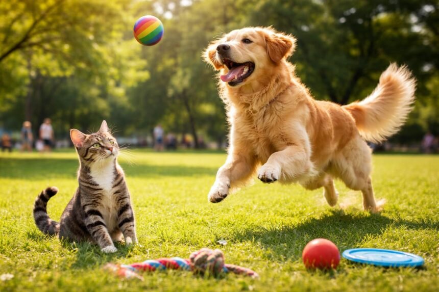 Kutyák és macskák apportírozás közben játszanak egymással a parkban