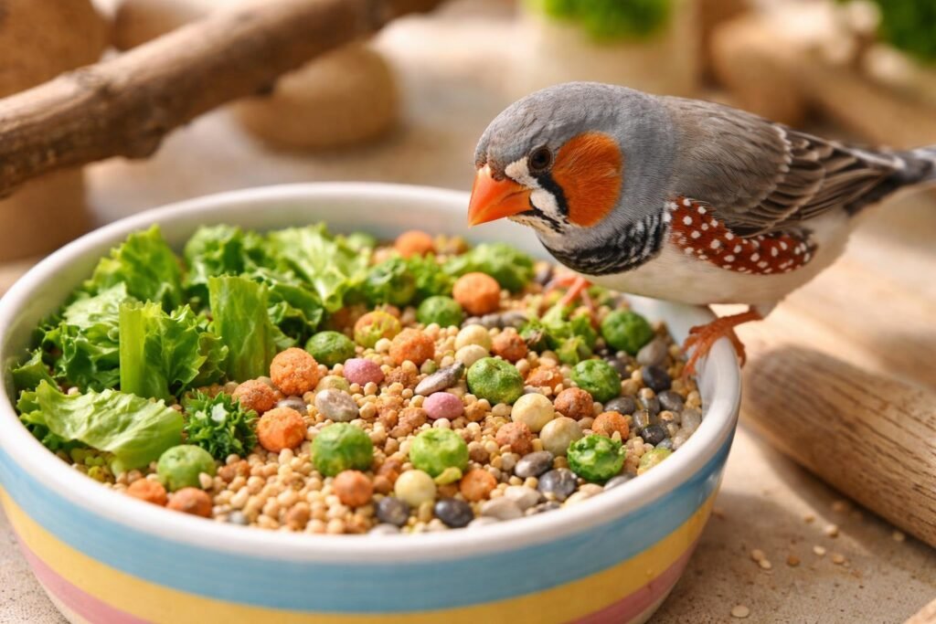 Zebrapinty etetése – mit ehet és mit tilos? Zebrapinty magkeverékből, lágyeleségből és zöldekből álló etetése